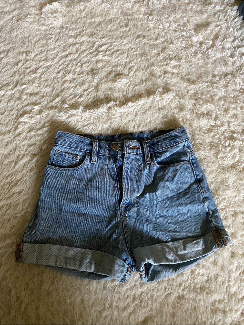 BDG Light Blue High-Rise Rolled Hem Denim Shorts
